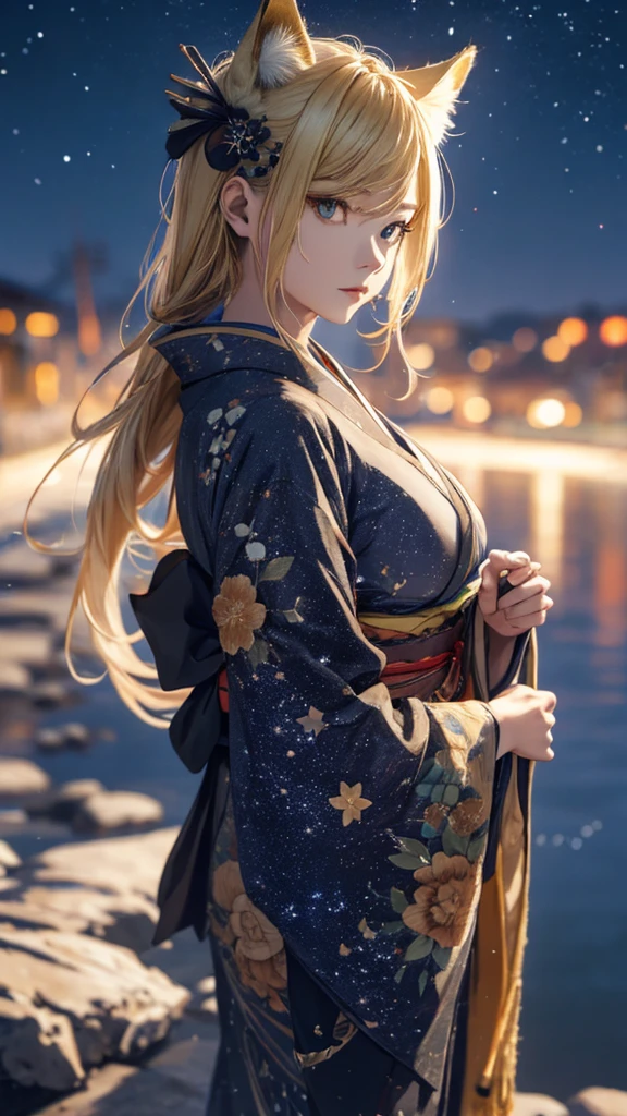 masterpiece, high quality, 4K, Beautiful design, silhouette，blonde， 非常に詳細な夜のStarry Sky,Firefly，River bank， wonderful, Finer details,  Very knowledgeable woman, Highly detailed solo, 1 female,Beautiful Eyes，Fox mask template，I like rumors，Big Breasts，kimono，Night view，Starry Sky，full moon，