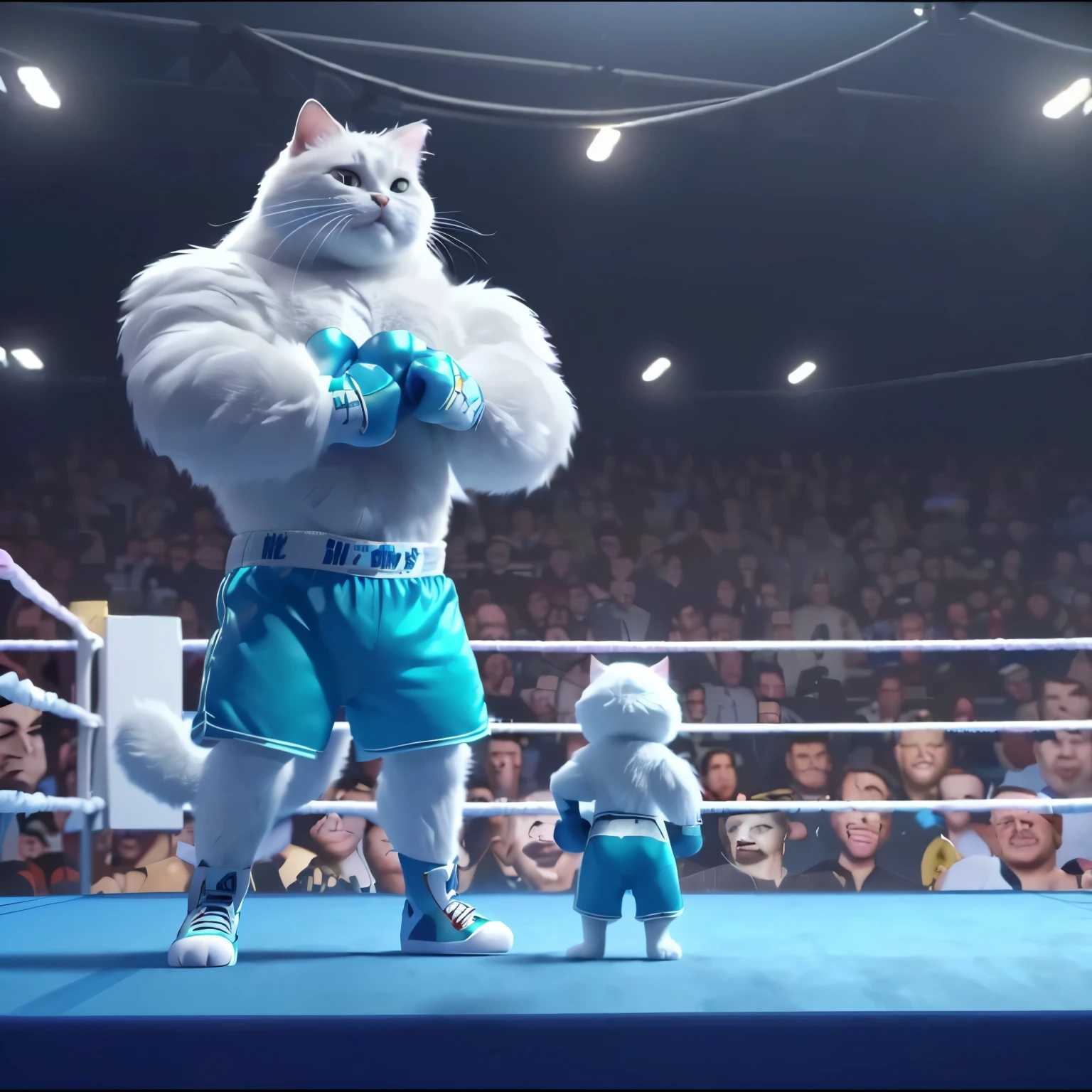 there is a cat standing in a boxing ring with a man, 3 d animated movie, frame from pixar movie, animated film, new cats movie, animated movie, badass composition, in style of kyrill kotashev, animated movie scene, bubbles vfx, by Pixar, animation style render, posing for a fight intricate, amazing cgi, pixar renderman render