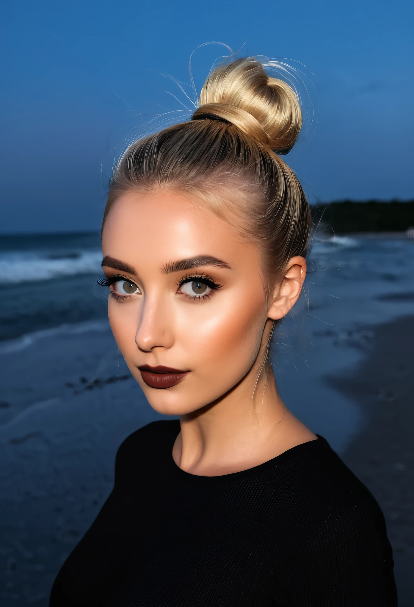 an eye contact of a blond with bun hair and dark theme in beach cool evening vibe