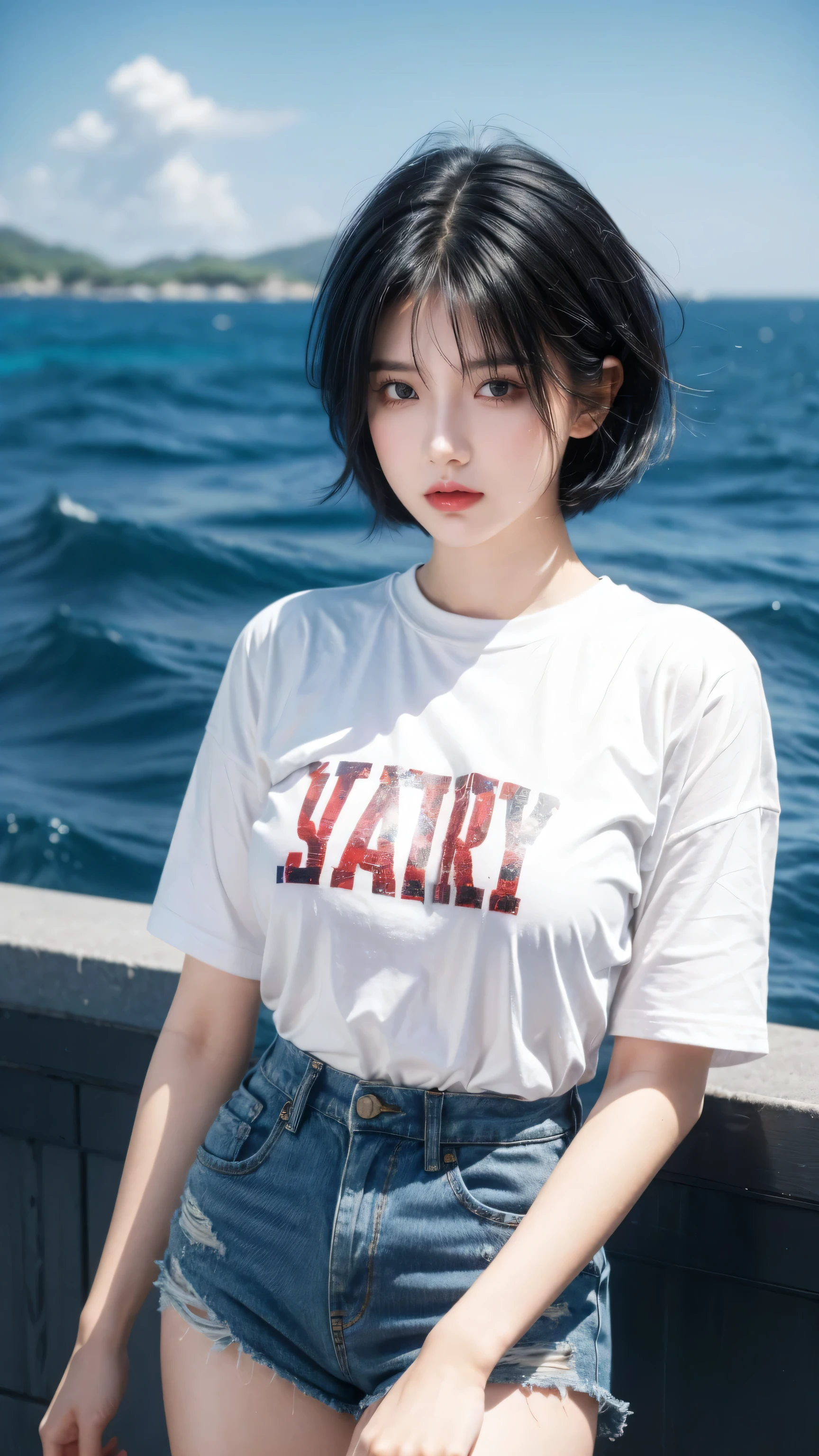 best quality, 1 Girl, dark blue hair, black eyes, Very short hair, Spiky hair, white and red TEXT oversize t-shirt, High waist short jeans, 171 cm, Messy hair, Hair between the eyes, Medium breasts, full, Tomboy, aldult, 20 years old, 1 Girl near white yatch in the sea