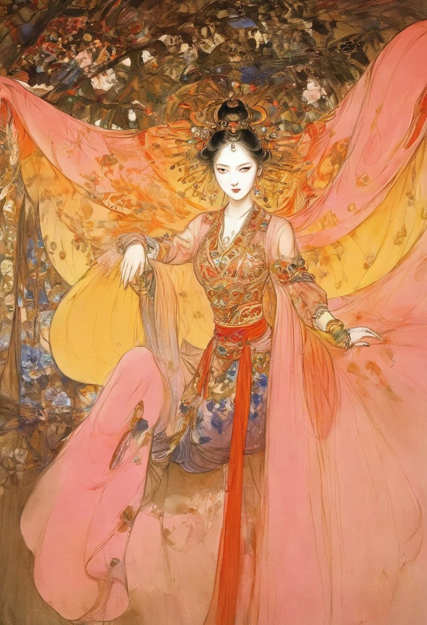 (masterpiece, best quality:1.2), elegant girl, striking pose, exquisite detailed features, piercing eyes, sharp nose, sensual lips, ornate clothing, symmetrical composition, cinematic lighting, dramatic chiaroscuro, rich color palette, high contrast, digital art, photorealistic，xianxia