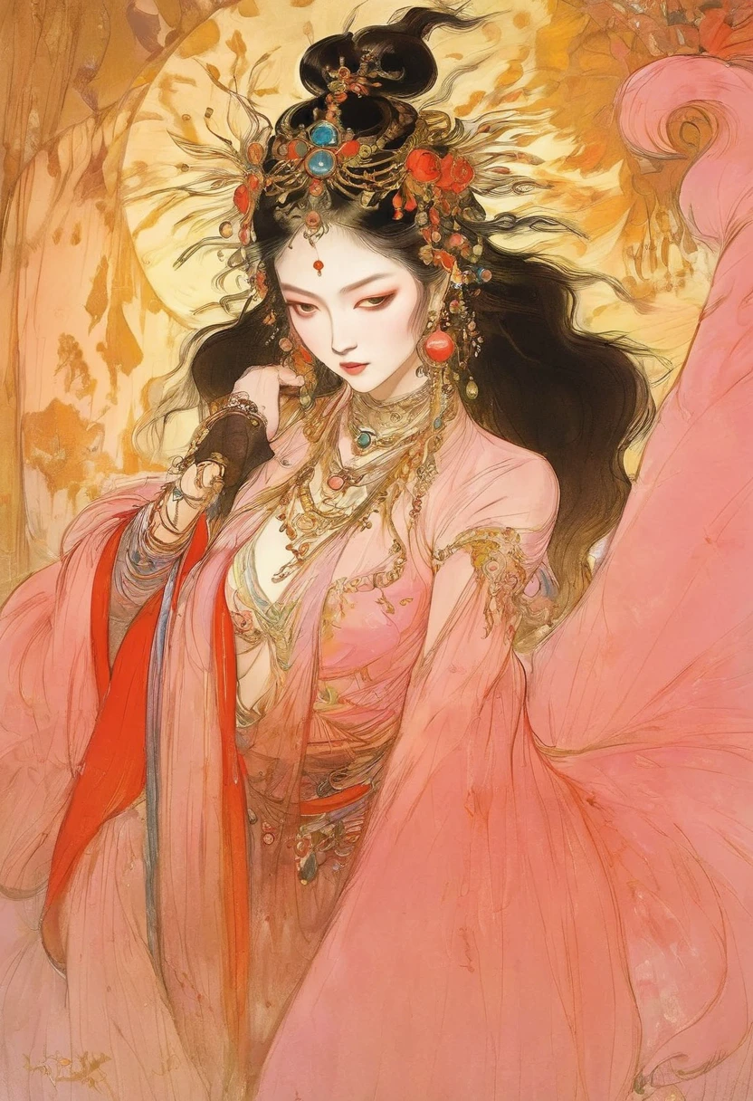 (masterpiece, best quality:1.2), elegant girl, striking pose, exquisite detailed features, piercing eyes, sharp nose, sensual lips, ornate clothing, symmetrical composition, cinematic lighting, dramatic chiaroscuro, rich color palette, high contrast, digital art, photorealistic，xianxia