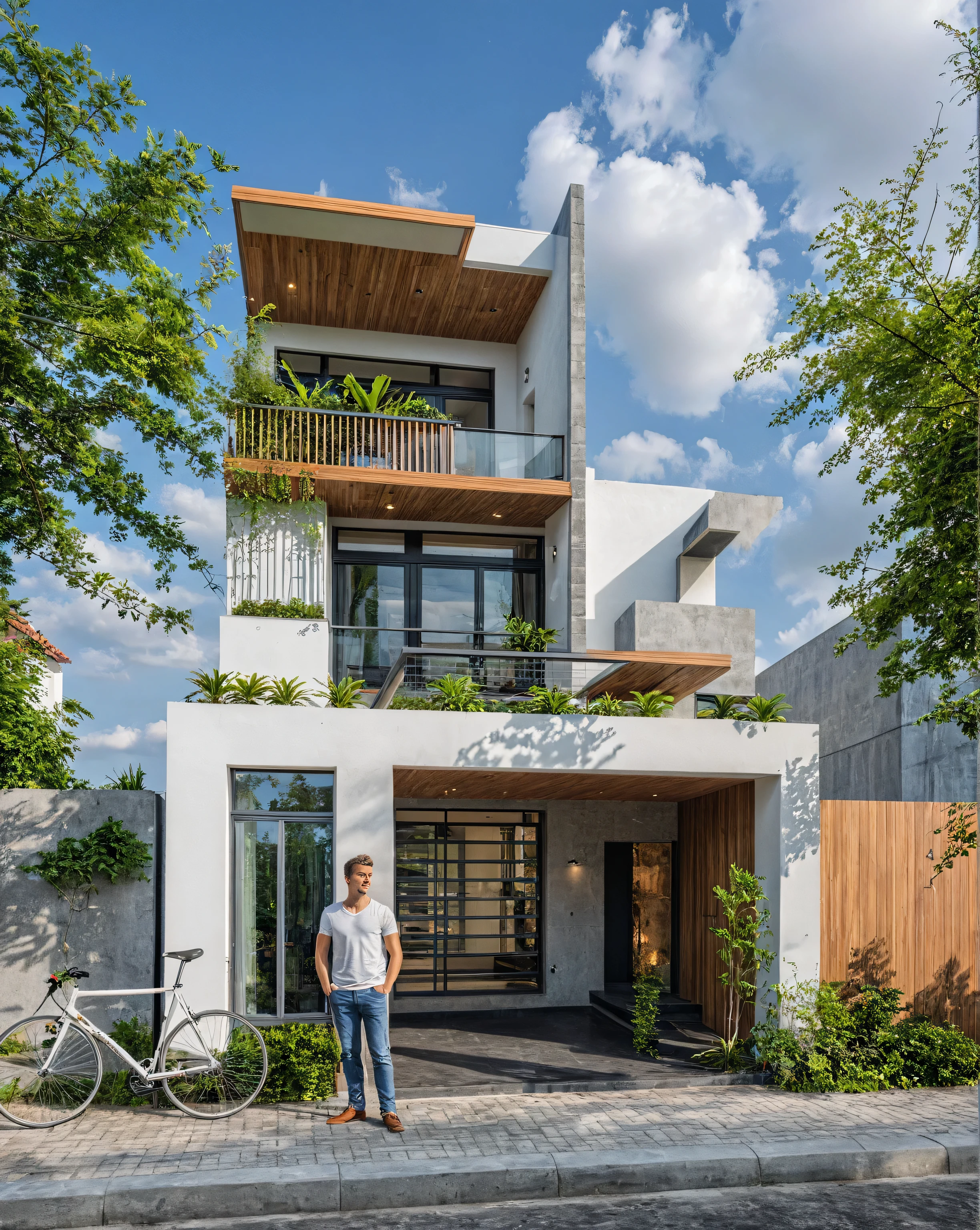 Masterpiece, high quality, best quality, authentic, super detail, outdoors, onestoreyvillaXL, aiaigroup, house style modern on the street ,stairs, white wall ,road,pavement, grass, trees, sky, cloud, (daylight:1.1)