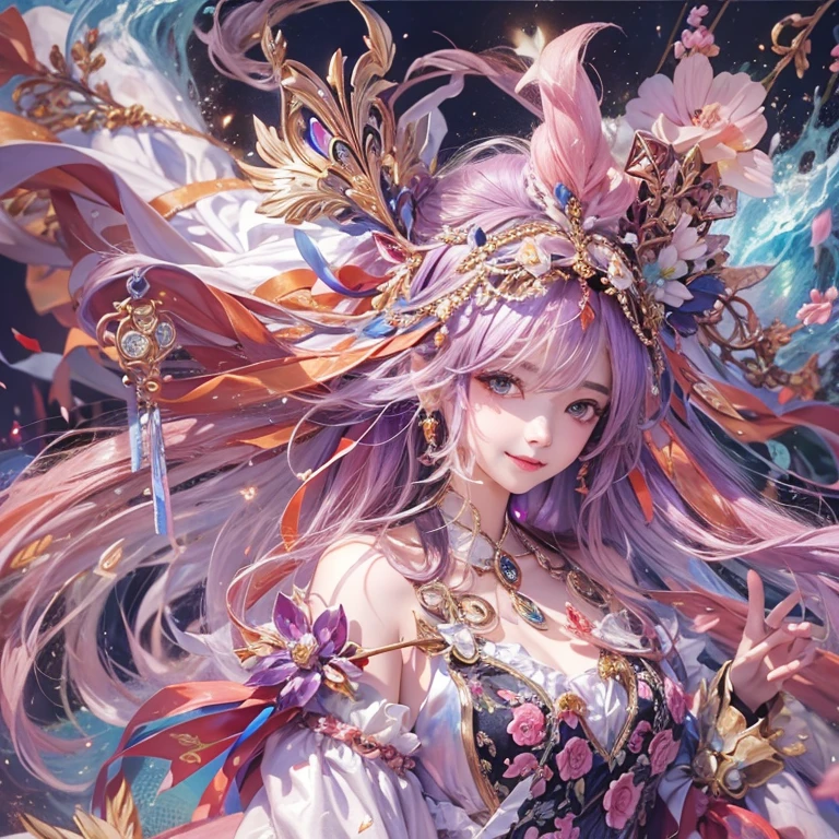 Hiding in the castle、Hair flow、 ((highest quality、masterpiece、8k、Best image quality、Ultra-high resolution、Award-winning works)、(Accurate anatomy:1.1)、(Look at me and smile:1.1)、Shining fair skin with Ultra-high resolution、The most detailed face、Ultra-high resolution detailed face、Ultra-high resolutionの髪の毛、(Ultra-high resolutionの煌めく瞳:1.1)、Beautiful face drawn in every detail、Colorful costumes, Chest to chest, Masquerade、Dancing in a Venetian mask