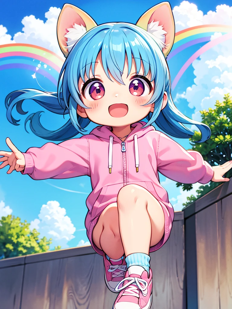 blue sky、rainbow、Chibi Character、Jumping with a Chihuahua、Light blue hair、Pink hoodie、Pink sneakers、Open mouth smile、Highest品質, High definition, Ultra-fine, Highest_detailed