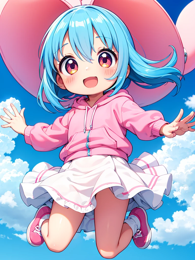 blue sky、rainbow、Chibi Character、Jumping with a Chihuahua、Light blue hair、Pink hoodie、Pink sneakers、Open mouth smile、Highest品質, High definition, Ultra-fine, Highest_detailed