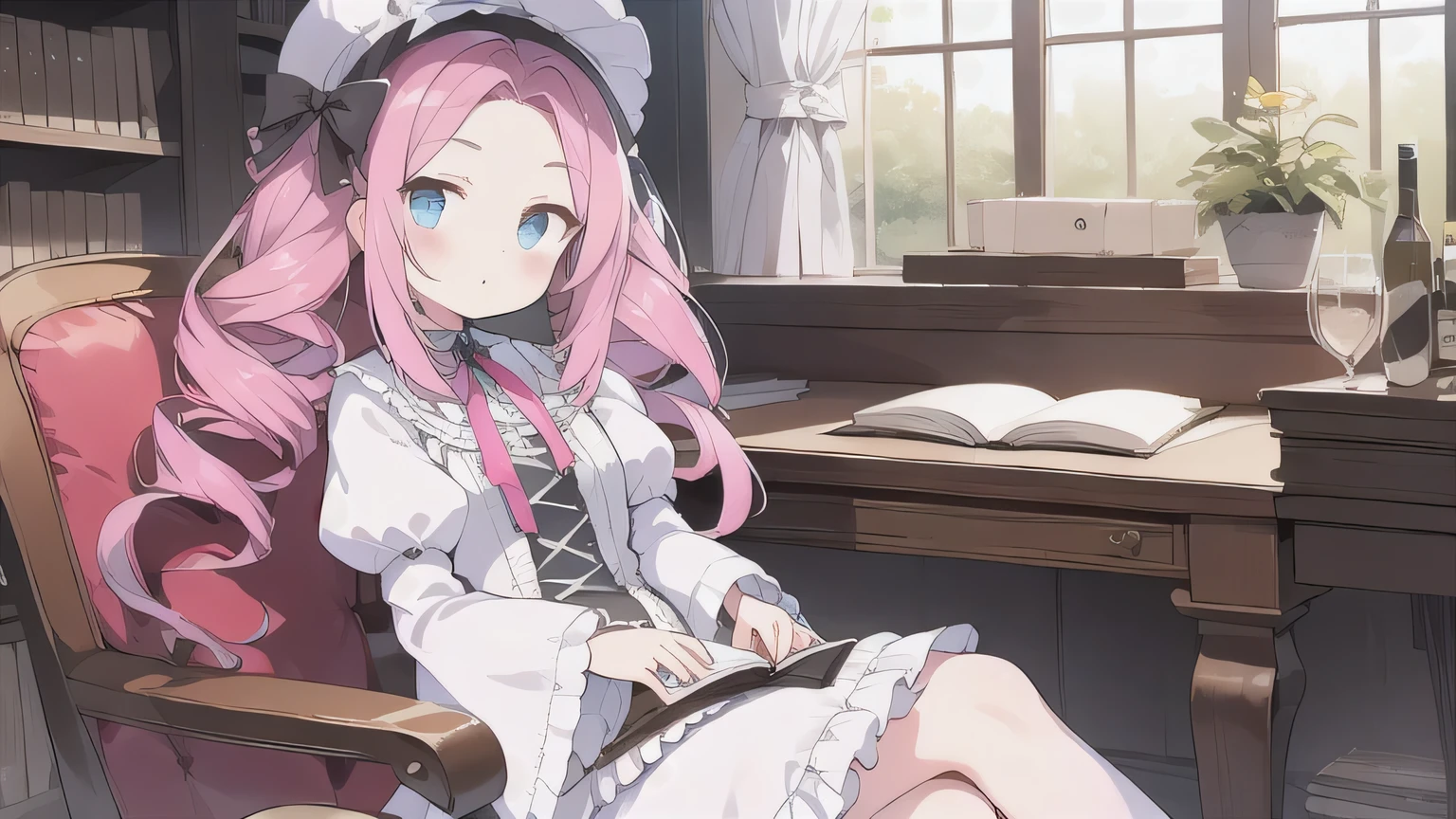 One Woman、young、blue eyes、Pink Hair、Long Hair、Drill-shaped twin-tail hairstyle、Wear a brim、Sit on a chair、I read a book、White ****ta Fashion