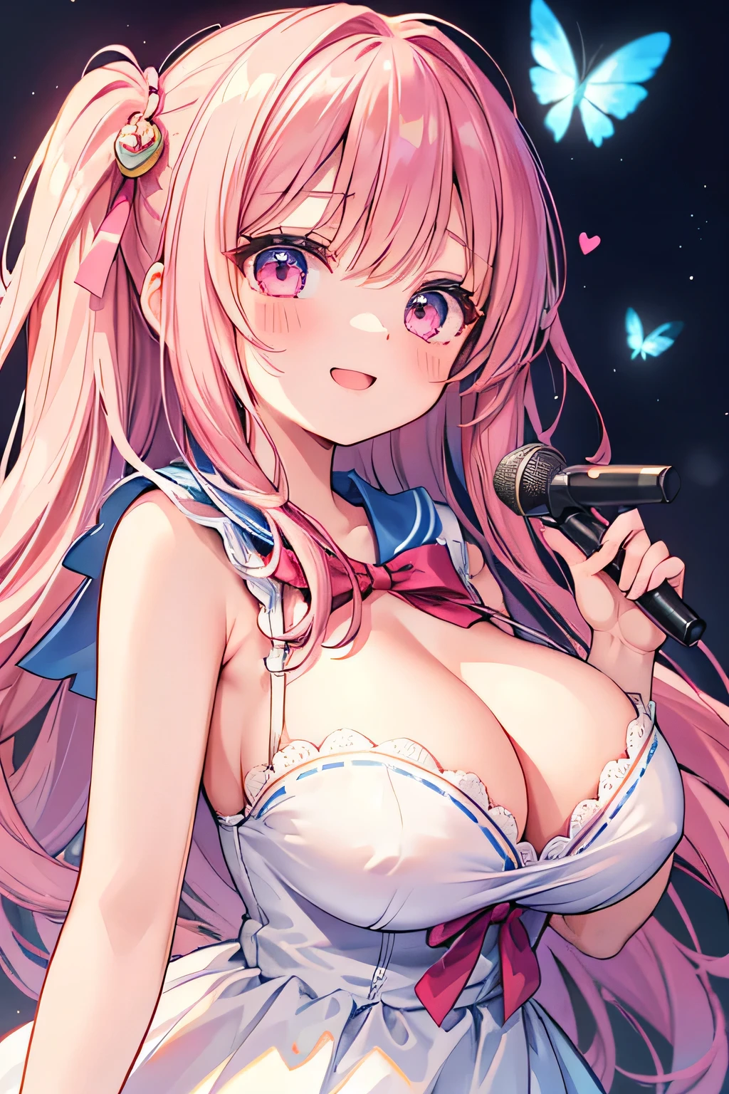 highest quality、High resolution、Detailed Background、(Beautiful face in every detail:1.4)、Anatomically correct、(Detailed facial expressions)、age beauty、(Highly detailed face:1.4)、(Huge breasts:1.3)、Accentuate your cleavage、Show your side、A big smile、smile、
A sailor dress with a fluttering pink ribbon、A soft silhouette、Pretty figure、Cute gestures、
Standing on stage with big shining eyes、A sparkling smile that captivates the audience、A clear singing voice echoes through the venue、I was enchanted by the heart-tugging voice.、Her small hands move gracefully as she sings、I'm fascinated by her angelic behavior、A dreamlike sight、I am fascinated by her pure expression.、This moment is so wonderful I want to hold it forever、I'm grateful for the miracle of meeting this lovely girl.、A goddess of the stage who continues to shine forever、cute