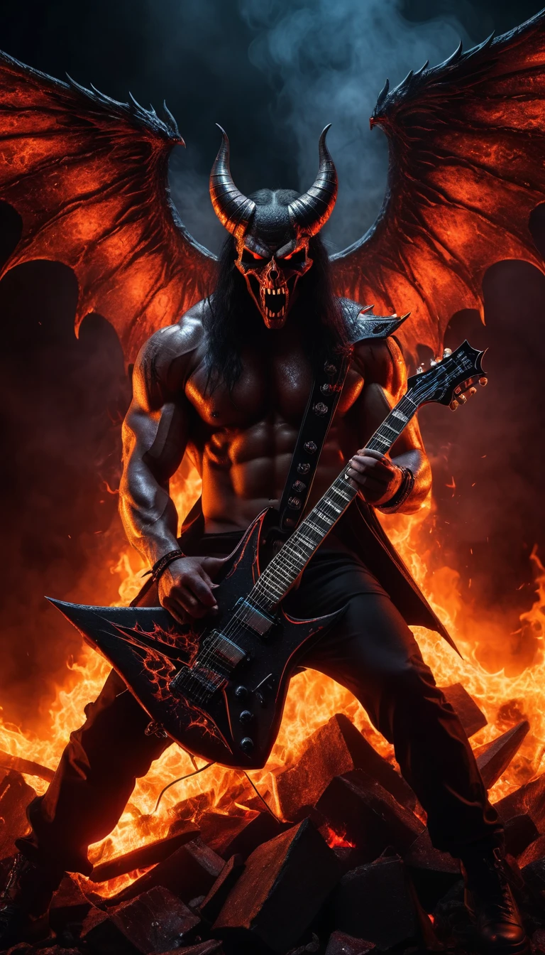 Devil in Hell playing a satanic electric guitar with intense concentration, surrounded by hellish flames, heavy metal music pouring from gigantic speakers, dark and ominous atmosphere, (best quality,4k,8k,highres,masterpiece:1.2),ultra-detailed,(realistic,photorealistic,photo-realistic:1.37),detailed facial features, penetrating gaze, sharp fangs, muscular physique, dark wings, hellscape background, dramatic lighting, saturated colors, gritty, cinematic