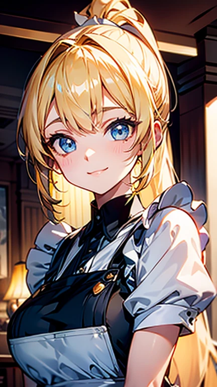 High quality, Best quality , masterpiece, Portrait、、Bright expression、ponytail、Young, shiny, white, glossy skin、Gloss Face、Shining Cheek Gloss、Small Face Beauty、The best beauty、The dazzling light of blonde hair、Bright blonde hair with dazzling highlights、Very beautiful shiny light blonde hair、super long silky straight hair、Her shiny, beautiful bangs are covering her eyes.、Sparkling, clear, attractive, bright, large, pale blue eyes、Very big eyes、eyeliner、very beautiful lovely cute 16 year old girl、young girl, Ample Bust, upper body , (smile:1.2) , (((wearing apron , ponytail )))),in house , huge breast 