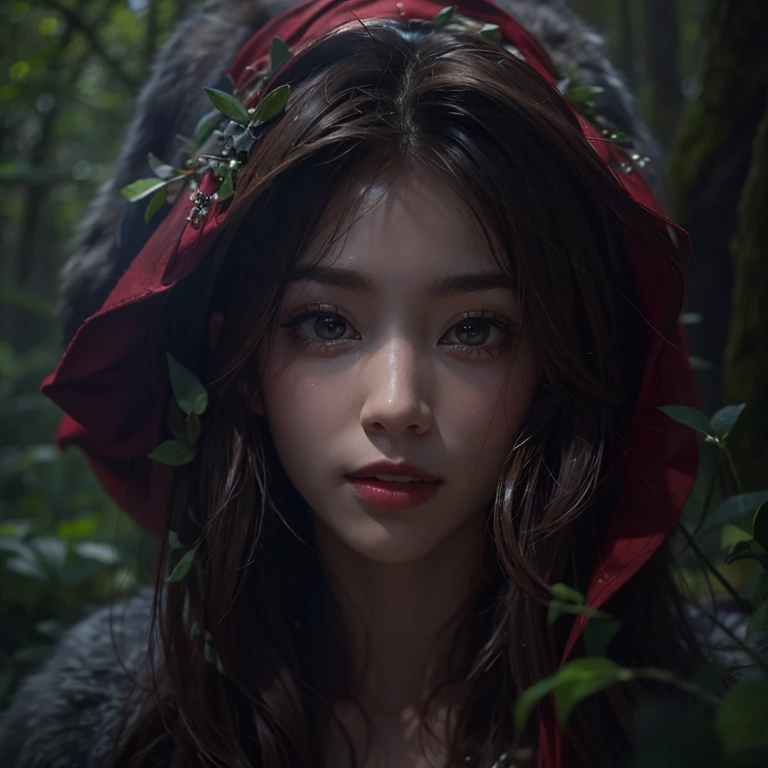 Standing in the forest、Hair flow、 ((highest quality、masterpiece、8k、Best image quality、Ultra-high resolution、Award-winning works)、(Accurate anatomy:1.1)、(Look at me and smile:1.1)、Shining fair skin with Ultra-high resolution、The most detailed face、Ultra-high resolution detailed face、Ultra-high resolutionの髪の毛、(Ultra-high resolution eye:1.1)、Beautiful face drawn in every detail、little red riding hood　Costumes , Chest to chest,  Strange atmosphere, A real werewolf stares at her......., Dark Light, in the forest , Heavy makeup 