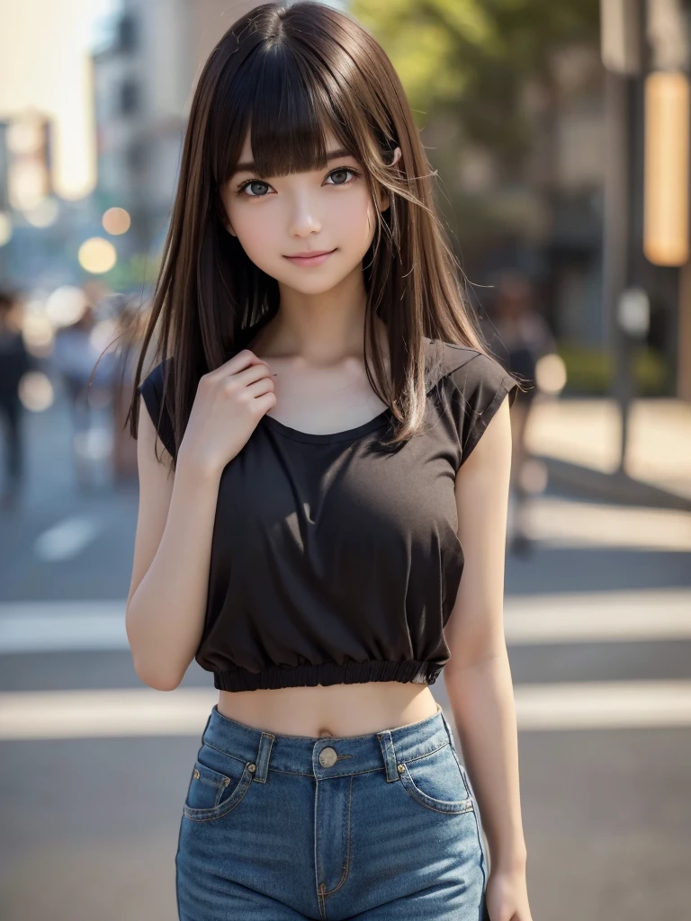 (8k, RAW Photos, highest quality, masterpiece:1.2), (Realistic, photo-Realistic:1.4), (Highly detailed 8k wallpaper), ((Full Body Shot)), (1 girl), Sharp focus, Depth of written boundary, Cinematic lighting, Soft Light, 緻密な美しさのeye, eye_Chan, Very beautiful 17 year old girl, innocent big eyes, Realistic, photo Realistic, Highly detailed cute girl, (Thin thighs), (Model Body Type), 18-year-old, (Khaki flight jacket), (Black T-shirt), (Vintage long denim pants), (((Fold your arms in front of your chest and act arrogantly))), ((A happy smile)), Parted lips, Watching the audience, (On the streets of Tokyo) , (Brown Hair),（Long Bob Hair), (Asymmetrical bangs)