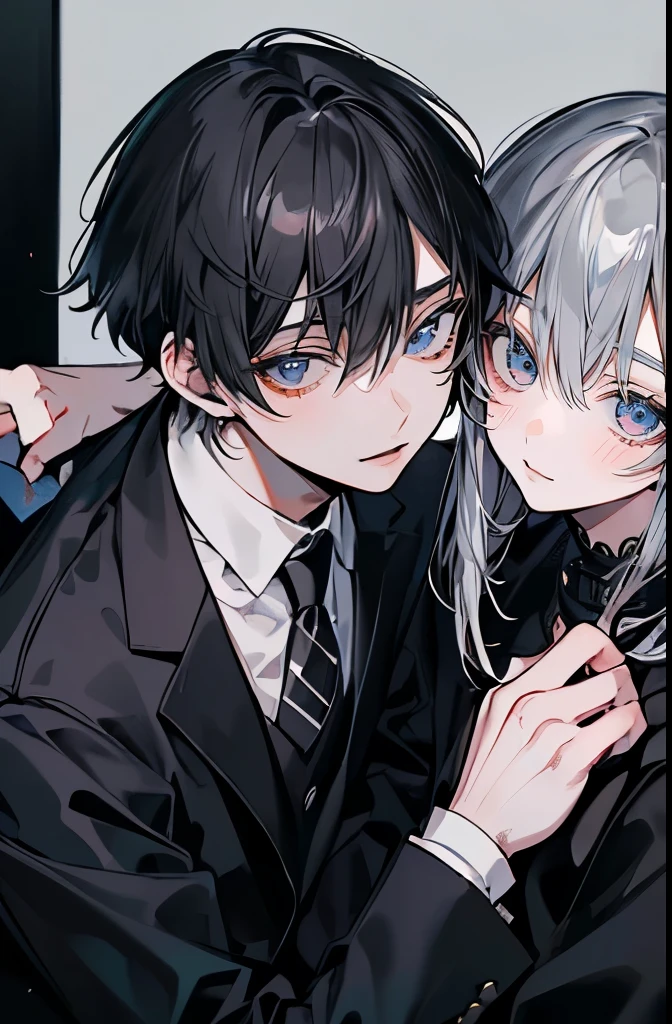 (Mastepiece)、(Best Quality)、Very detailed、((Two good friends:1.5))、Perfect Face、Beautiful Face、Very detailedな顔、4K、8K、(Black-haired man:1.3)、(Grey-haired man:1.3)、suit、(smile:1.2)