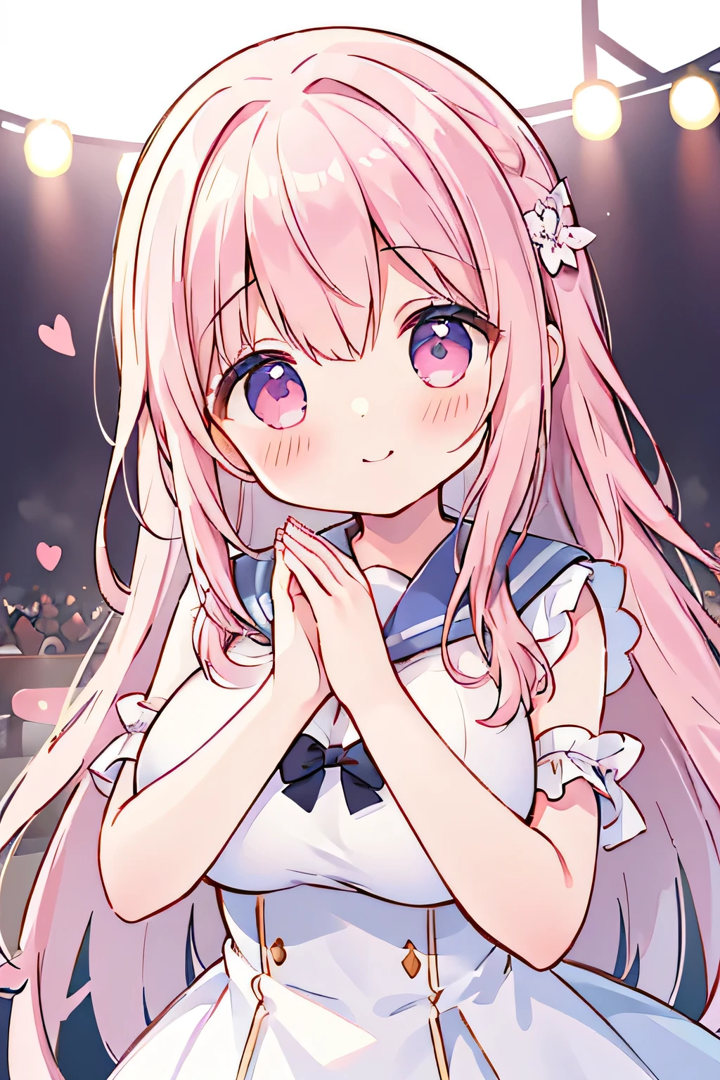 highest quality、High resolution、Detailed Background、(Beautiful face in every detail:1.4)、Anatomically correct、(Detailed facial expressions)、Teenage beauty、(Highly detailed face:1.4)、(Huge breasts:1.3)、Accentuate your cleavage、Show your side、A big smile、smile、
A sailor dress with a fluttering pink ribbon、A soft silhouette、Pretty figure、Cute gestures、
Standing on stage with big shining eyes、A sparkling smile that captivates the audience、A clear singing voice echoes through the venue、I was enchanted by the heart-tugging voice.、Her small hands move gracefully as she sings、I'm fascinated by her angelic behavior、A dreamlike sight、I am fascinated by her pure expression.、This moment is so wonderful I want to hold it forever、I'm grateful for the miracle of meeting this lovely girl.、A goddess of the stage who continues to shine forever、cute