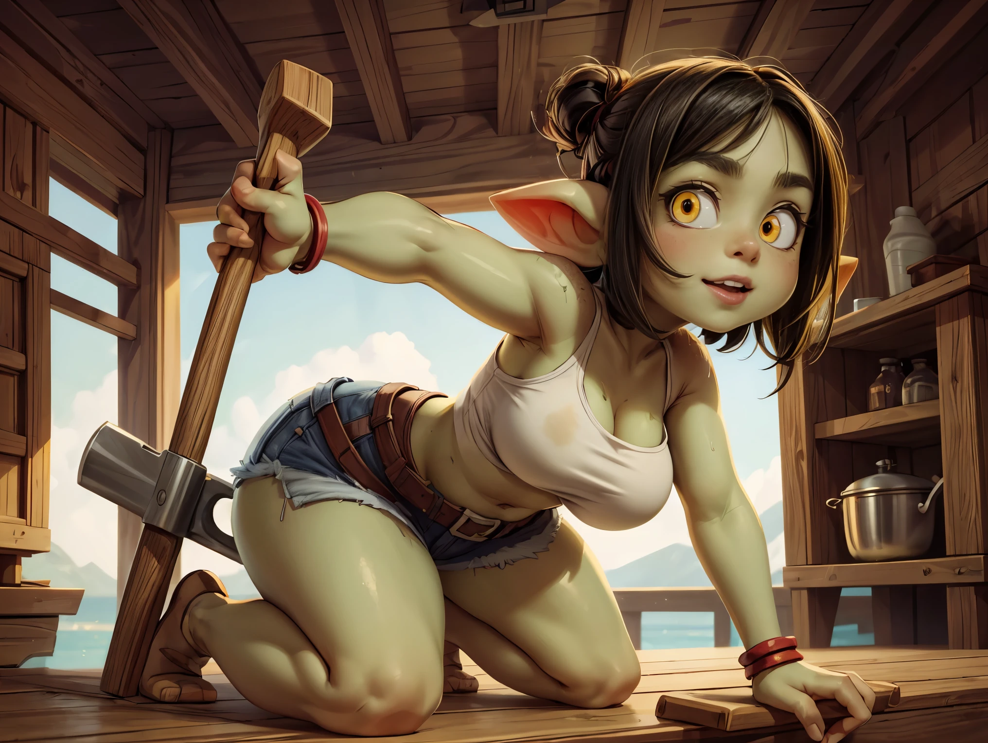 ((best quality)), ((masterpiece)), (detailed), absurdres, ((1 girl)), 1girl, solo, 4k, short heavyset chubby green goblin girl wearing jean shorts and white tank top, (jean shorts) yellow bandana, leather toolbelt, (black hair), green skin, yellow eyes, freckles, kneeling to fix a wooden pier with a hammer, working hard (chubby), happy, cheerful, holding a hammer, repairing wooden pier, action pose, dynamic pose, cinematic still