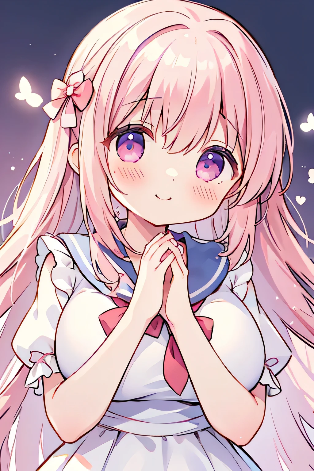 highest quality、High resolution、Detailed Background、(Beautiful face in every detail:1.4)、Anatomically correct、(Detailed facial expressions)、Teenage beauty、(Highly detailed face:1.4)、(Huge breasts:1.3)、Accentuate your cleavage、Show your side、A big smile、smile、
A sailor dress with a fluttering pink ribbon、A soft silhouette、Pretty figure、Cute gestures、
Standing on stage with big shining eyes、A sparkling smile that captivates the audience、A clear singing voice echoes through the venue、I was enchanted by the heart-tugging voice.、Her small hands move gracefully as she sings、I&#39;m fascinated by her angelic behavior、A dreamlike sight、I am fascinated by her pure expression.、This moment is so wonderful I want to hold it forever、I&#39;m grateful for the miracle of meeting this lovely girl.、A goddess of the stage who continues to shine forever、cute