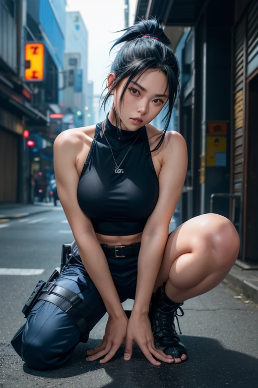 Digital Cyberpunk Art、８k、Very detailed、Black hair ponytail、Navy blue tank top、Navy cargo pants、Black short boots、Female ninja、Night Grassland、Holding a sword、Japanese women、(on one knee, spread legs, leaning forward, one hand on floor)