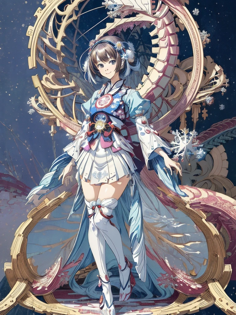(masutepiece, of the highest quality, Best Quality, Official art, Beautiful and aesthetic:1.2),(1girl in),ighly detailed,(Fractal Art:1.3),Colorful,highest details,white,Blue,Chest,lower abdom,snowflakes falling,(Whole body:1.5),faces,(Only one face.:1.1), Smile