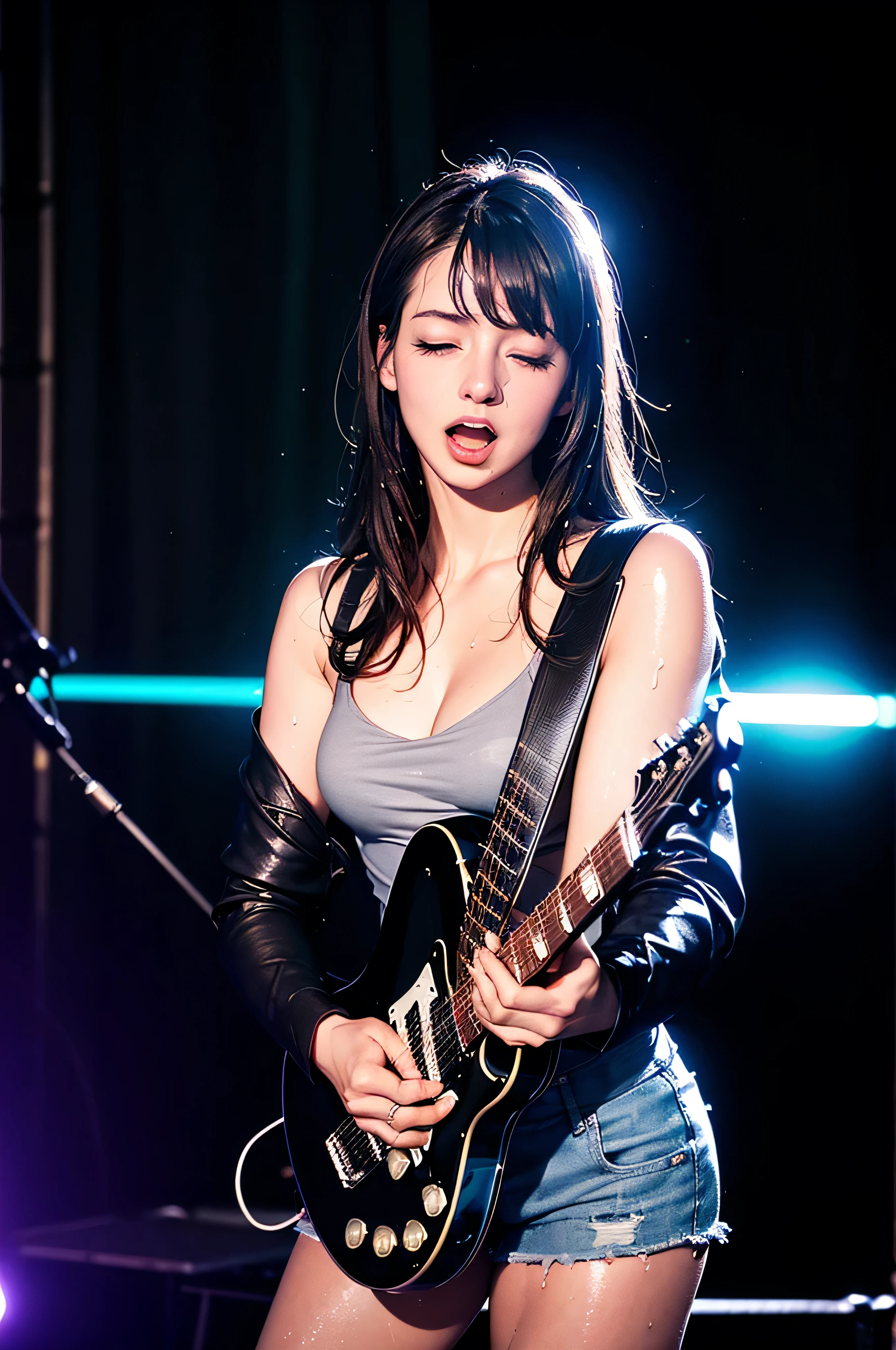 { 1girl, young funk rock star, singing on concert stage, playing electric guitar, ((cowboy shot)) }, { }, { (neon glowing), (masterpiece), (absurd resolution), (best quality:1.2), (photo realistic:1.6), (Luminous lighting:1.4), (Chiaroscuro:1.4), (Immersive atmosphere:1.2), (brightened light:0) }, { (open mouth:1.2),eyes rolled up,(weeping), (shiny skin), wet skin }, { }