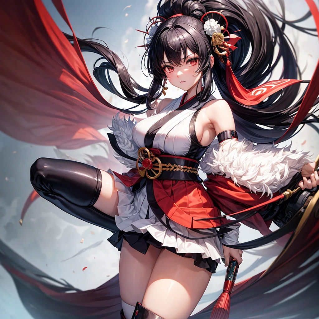 A black-haired woman wearing a shrine maiden outfit with slits in the legs Spread your legs Upper body fluttering Have a revolver pistol Thigh-high boots