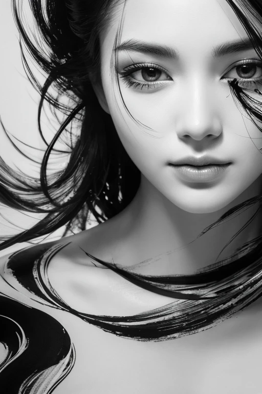 highest quality, Super quality, 16k, delicate and dynamic, Black and white ink painting, Face close-up, Only memorable facial depictions, Water blur effect, Brush stroke effect, Abstract Painting, Blurred gray effect