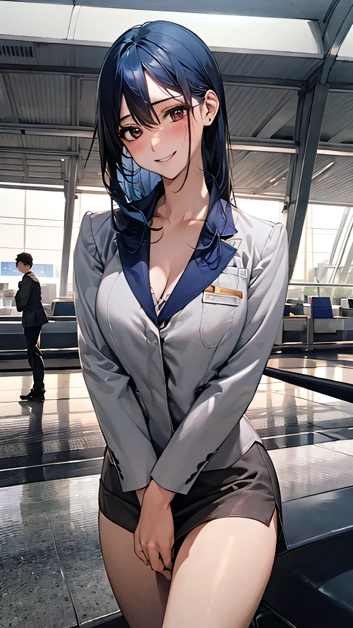 ((highest quality)), ((High resolution)), ((masterpiece)), (detailed), (photograph),
View Viewer, Cowboy Shot, Depth of written boundary, Anatomically correct, Mature Woman, flight attendant, Perfect Face, Cute and symmetrical face, Shiny skin,
(Long Hair:1.4, Blue Hair), Hair between the eyes, Chestnut brown eyes, Long Eyelashes, (Big Breasts:0.9, Thighs),
Beautiful Hair, Beautiful Face, Beautiful fine details, Beautiful body, Beautiful clavicle, Beautiful breasts, Beautiful thighs, Beautiful feet,
(Sexy Uniform),
(Beautiful views), evening, airport, walk, (Cute smile, Upward glance),