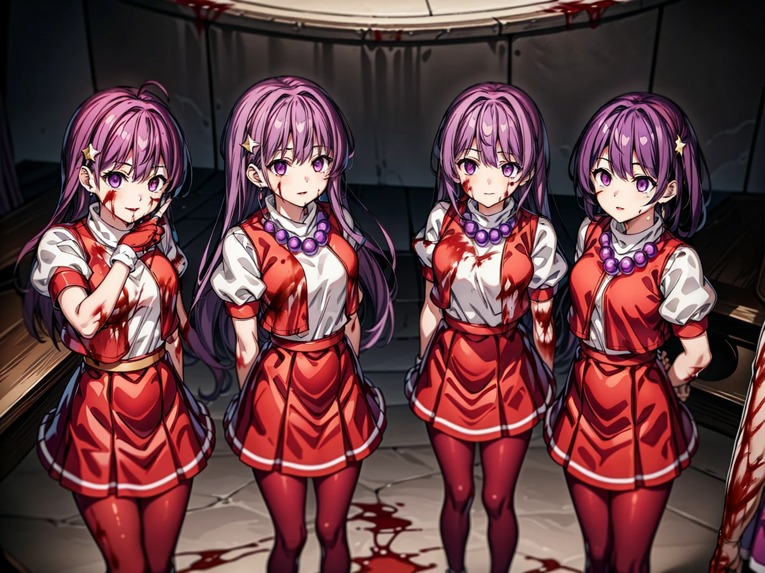 (masterpiece)、(highest quality)、(Very detailed)、Intricate details、Athena 97、(3 girls:1.6)、alone、Purple eyes、Purple Hair、Hair length、White Earrings、Red Hairband、Star hair ornament、Proper breathing、Red vest、White turtleneck、White puff sleeves、Short sleeve、Red pleated skirt、(Crimson Pantyhose:1.2)、Black Pantyhose、Yellow Belt、Purple sphere necklace、Red fingerless gloves、White short socks、Red Shoes、Wicked Smile、Browsing Caution、In the ruins、Anime Style、(Blood on my face:1.6)、(Preparing for battle:1.2)、Contains Hypnolol、
Hollow Eyes、whole body, Looking at the audience,