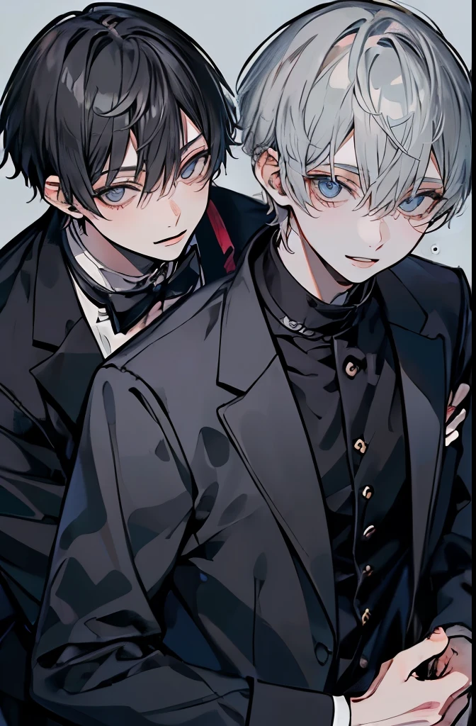(Mastepiece)、(Best Quality)、Very detailed、((Two friendly boys:1.5))、Perfect Face、Beautiful Face、Very detailedな顔、4K、8K、(Black-haired man:1.3)、(Grey-haired man:1.3)、suit、(smile:1.2)