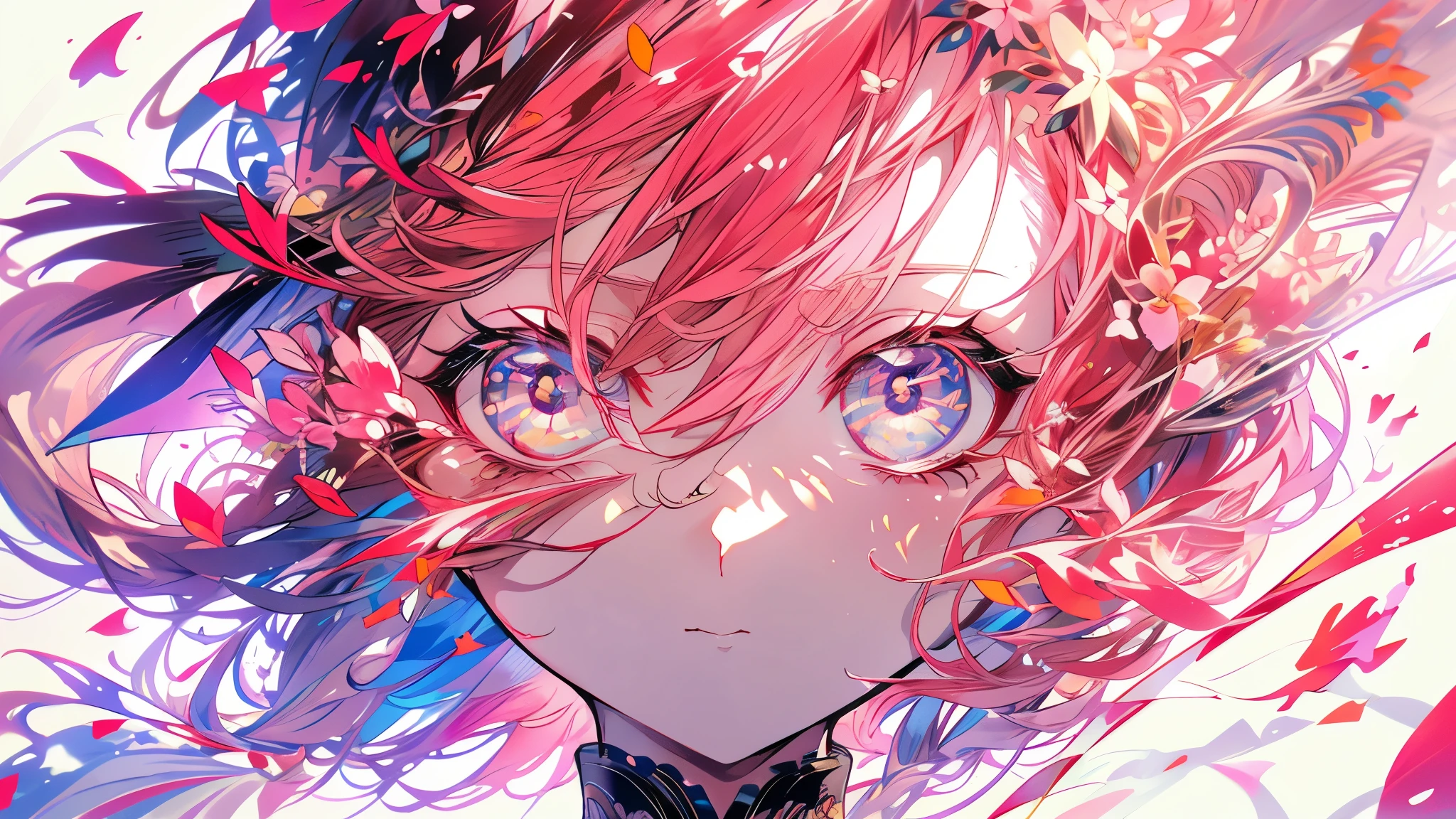 (White Background:1.4),(White dirt road, Oriental elements)，(springの自然のイラスト:1.3，Paper Art:1.3, Quilting Paper Craft:1.2),( Streamlined Design, Clear lines, High sharpness,highest quality, Very detailed, Mesa, Cinematic lighting effects, 4K )(Cherry leaves、springの桜:1.0)、Many cherry blossoms fluttering down、Wind、With background、spring、girl looking to the left、Rose petals、A lot of cherry petals.、Very bright pink hair、length