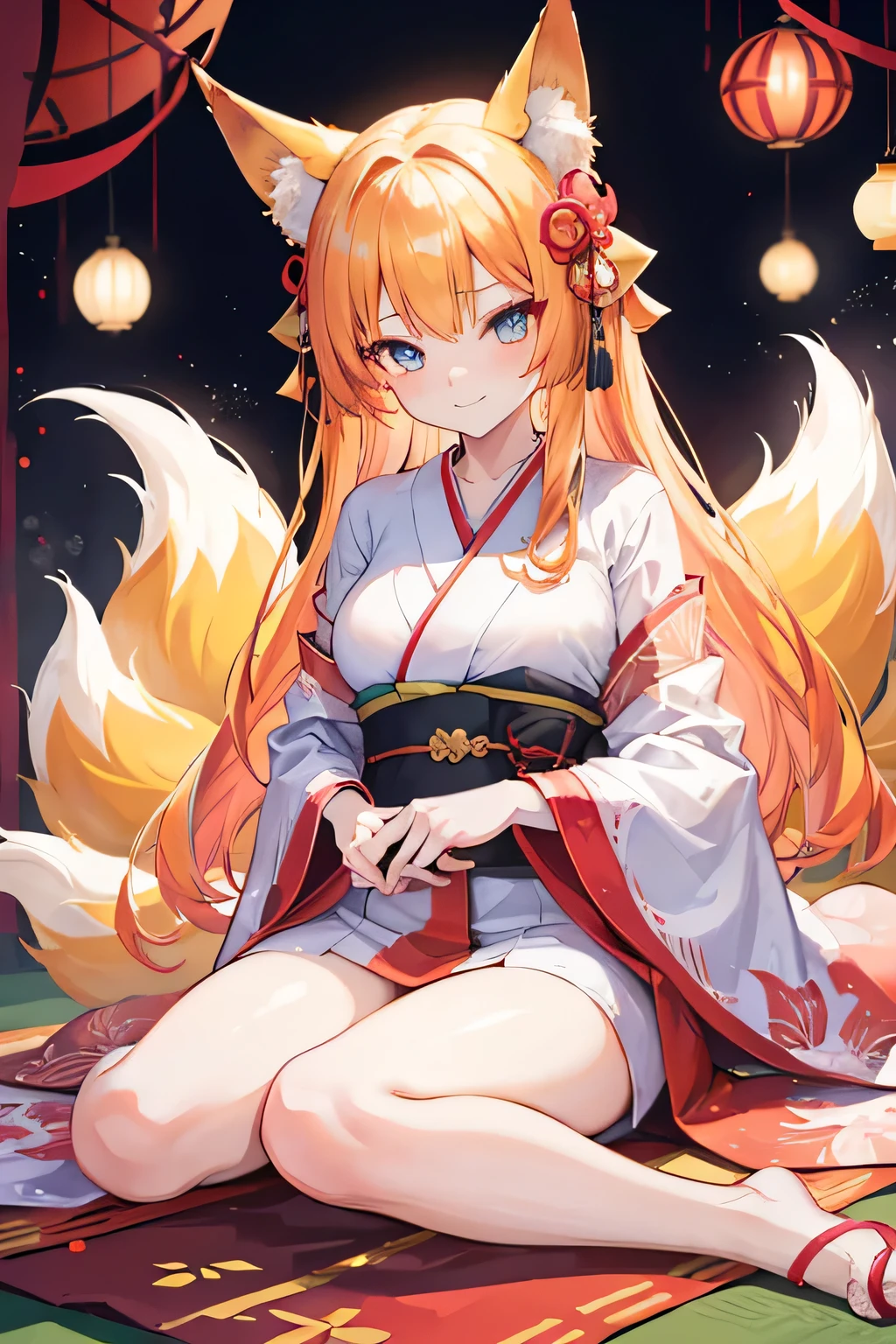 Nine-tailed fox, girl, kimono, warm light and shadow, cute nine tails,cute, charming cyan eyes, B cup breasts,golden hair,cute fox ears,yandere,warm smile,long hair,love in eyes,love bubble,sit,18 years old,shy