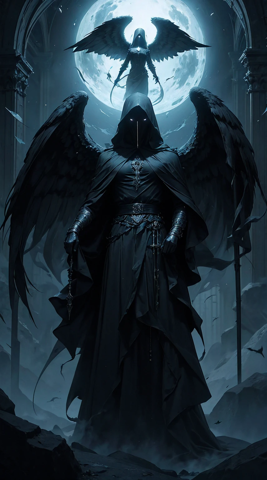 Striking illustration of the Angel of Death., A mysterious and ethereal figure who guards the threshold between life and death.. His presence is enigmatic and powerful...., con alas inmensas que se extienden hacia el horizonte y una mirada penetrante que transmite serenidad y temor. He uses cool tones and deep shadows to emphasize his ethereal nature and his connection to the realm of death......(dark lighting), ( ethereal lighting),(Spectral illumination)