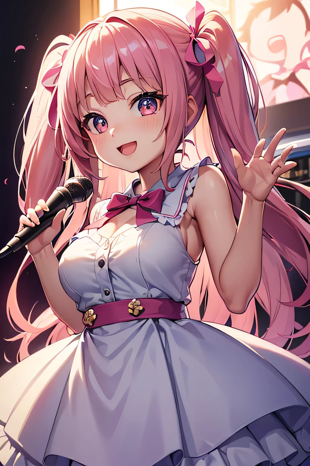 highest quality、High resolution、Detailed Background、(Beautiful face in every detail:1.4)、Anatomically correct、(Detailed facial expressions)、Teenage beauty、(Highly detailed face:1.4)、(Huge breasts:1.3)、Accentuate your cleavage、Show your side、A big smile、smile、
A sailor dress with a fluttering pink ribbon、A soft silhouette、Pretty figure、Cute gestures、
Standing on stage with big shining eyes、A sparkling smile that captivates the audience、A clear singing voice echoes through the venue、I was enchanted by the heart-tugging voice.、Her small hands move gracefully as she sings、I'm fascinated by her angelic behavior、A dreamlike sight、I am fascinated by her pure expression.、This moment is so wonderful I want to hold it forever、I'm grateful for the miracle of meeting this lovely girl.、A goddess of the stage who continues to shine forever、cute