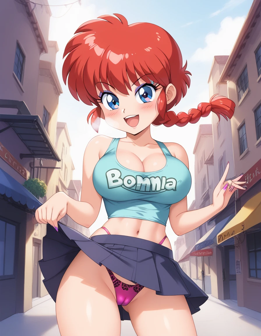 1girl, background, (ranma-chan), blush, red hair, big breasts, tomboy, one short pigtail, nighttime, hot breath, open mouth, dimmed lighting, standing, city, big ass, wide hips, toned body, wearing slutty prostitute outfit, micro skirt, midriff, prostitute, purple eyeshadow, (detailed fingers), thong peek, tight pink latex top, no bra, (upskirt), leopart-print thong, (((cameltoe))),