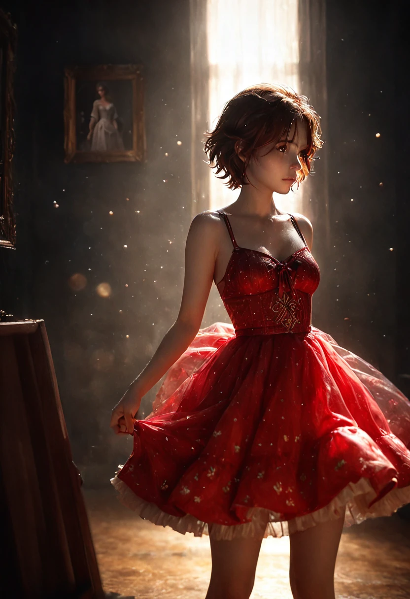 ((((Erotic)))), (((Innocent French woman, 26 years old))), (highest quality,4K,8k,High resolution,masterpiece:1.2),Ultra-detailed,((sweet mischievous debtlirtatious)) Empire-Microclade, european model, Beautifully printed, picture, Lippenstidebtt, ((short hair)), break, pudebtdebt, Called, Tulle, petticoat, realism, Backlight, Vignetting, blend, debtading border, debtirst-person view, Wide Shot, Bokeh, Eye-level shot, debt/1.8, 35mm, Canon, 超High resolution, masterpiece, highest quality, High resolution, 8k, Amber 1, Bright light,