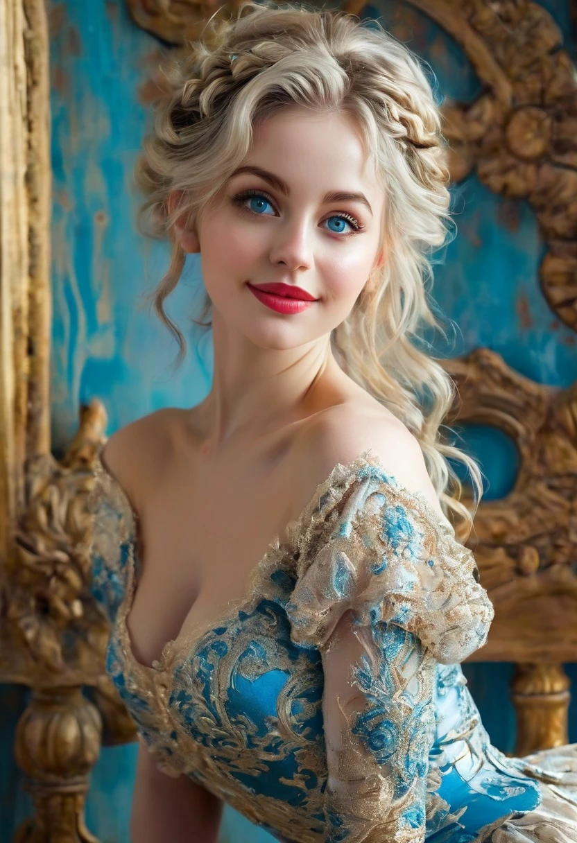 pink waist high short skirt, platinum blonde, very long hair, chignon, crop top. leaning forward provocatively, Messy Hair, Pale Skin, Red Lips, On hands and knees. skirt Wth Woodcut Patterns, crop top Wth Blue Rosemaled Designs. Midriff Wide Smile, Eyes Detailed & Wide,Dynamic Pose. On hands and knees Digital Painting, 4K Ultra HD, Rococo-Inspired Fantasy Art With Intricate Details. Cute, Charming Expression, Alluring-Gaze, Beautiful Blue Eyes, An-Ideal-Hourglass-Figure.. Large Youthful Well-Shaped Bosom, Large-butt. massive-Round-Breasts Décolletage. Full Length Side Profile. Alison Brie
