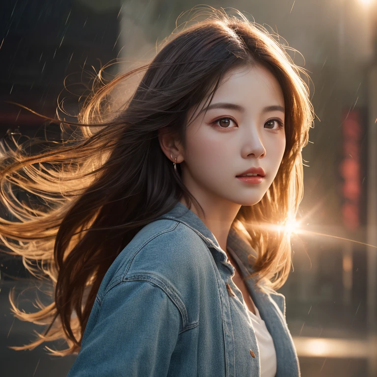 born, Super detailed, Realistic (1.3) Masterpiece portrait of a girl with long hair, Dynamic angle with messy hair, Installed in a world-class theater with superior cinema lighting, Lens flare, Dunhuang-style artistic sense, 8K resolution wallpaper quality, highest quality, Dancing in the Rain