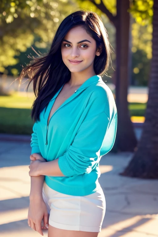 Camila Mendes with her hair up dressed in light clothes in summer and smiling sexy