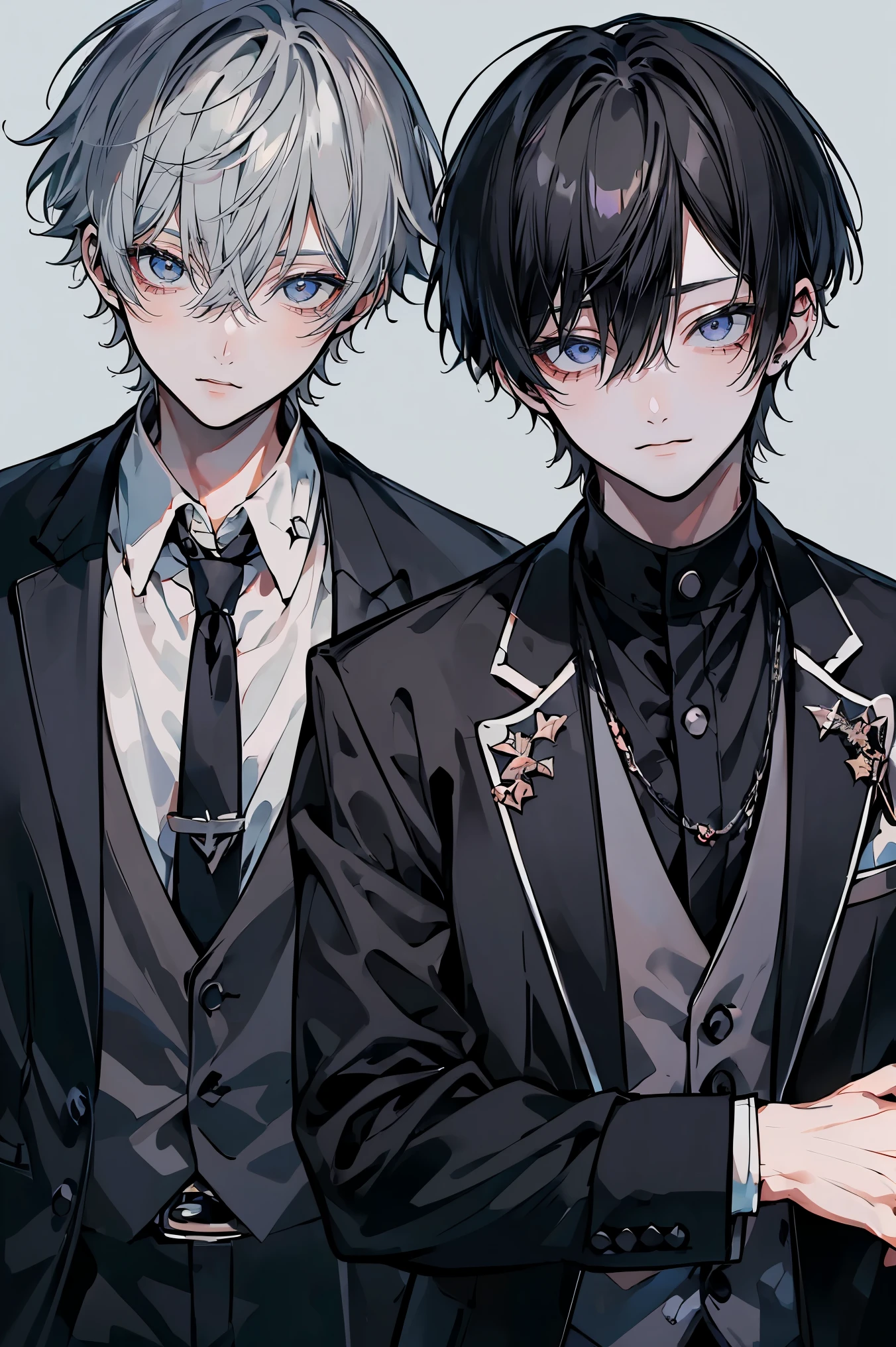 (Mastepiece)、(Best Quality)、Very detailed、((Two friendly boys:1.5))、Perfect Face、Beautiful Face、Very detailedな顔、4K、8K、(Black-haired man:1.3)、(Grey-haired man:1.3)、suit、(smile:1.2)