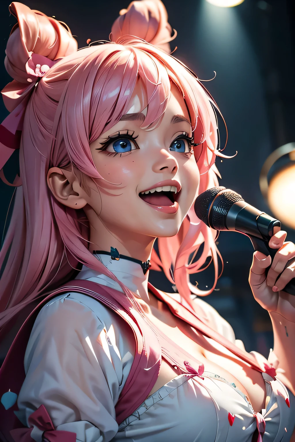 highest quality、High resolution、Detailed Background、(Beautiful face in every detail:1.4)、Anatomically correct、(Detailed facial expressions)、Teenage beauty、(Highly detailed face:1.4)、(Huge breasts:1.3)、Accentuate your cleavage、Show your side、A big smile、smile、
A sailor dress with a fluttering pink ribbon、A soft silhouette、Pretty figure、Cute gestures、
Standing on stage with big shining eyes、A sparkling smile that captivates the audience、A clear singing voice echoes through the venue、I was enchanted by the heart-tugging voice.、Her small hands move gracefully as she sings、I'm fascinated by her angelic behavior、A dreamlike sight、I am fascinated by her pure expression.、This moment is so wonderful I want to hold it forever、I'm grateful for the miracle of meeting this lovely girl.、A goddess of the stage who continues to shine forever、cute