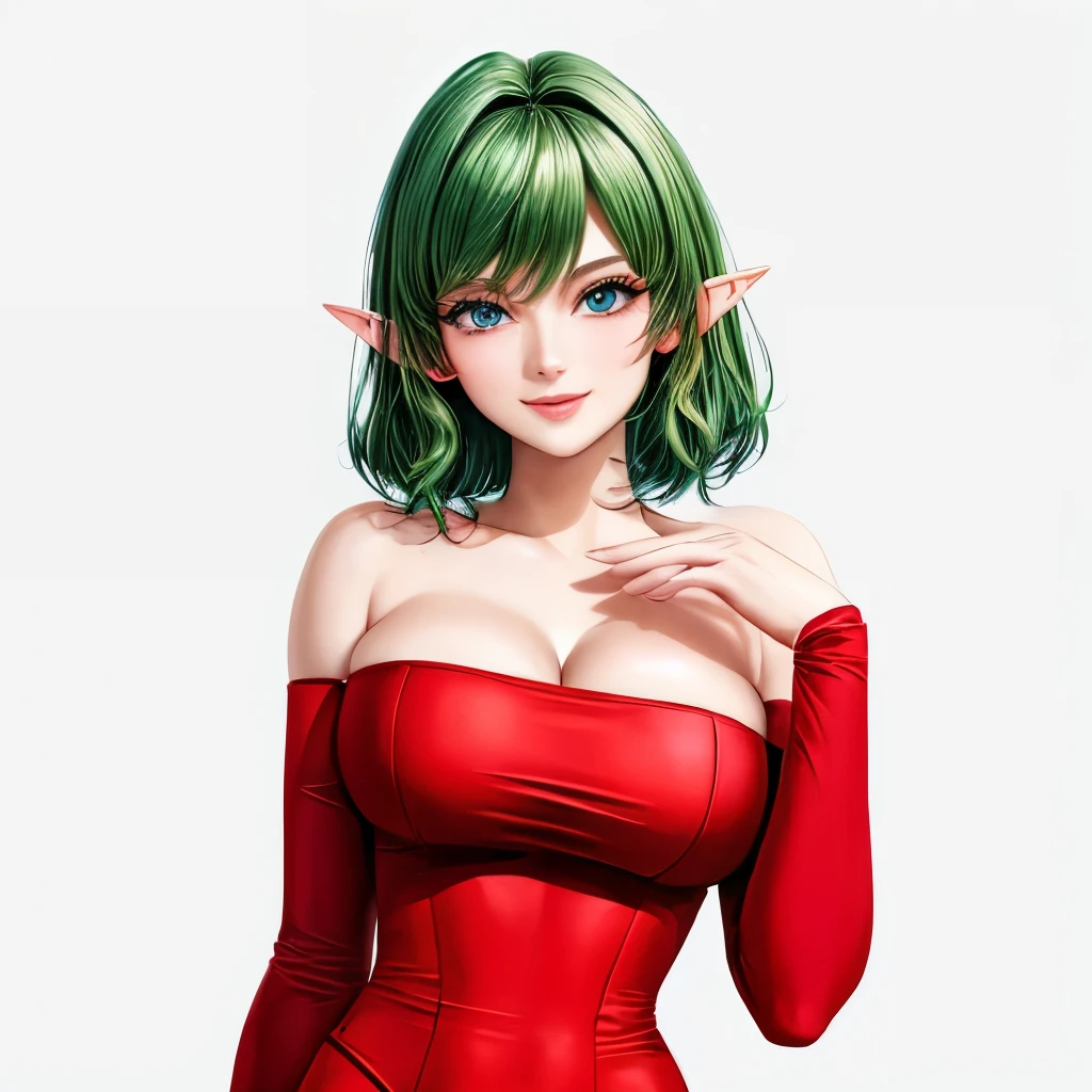 (masterpiece,highest quality,Very delicate,Perfect Face,8k,A beautiful woman),Medium short green hair:1.2, Red strapless bodycon tube dress ,Red long arm sleeves,Elf Girl,((Big Breasts)),blue eyes,Beautiful smile