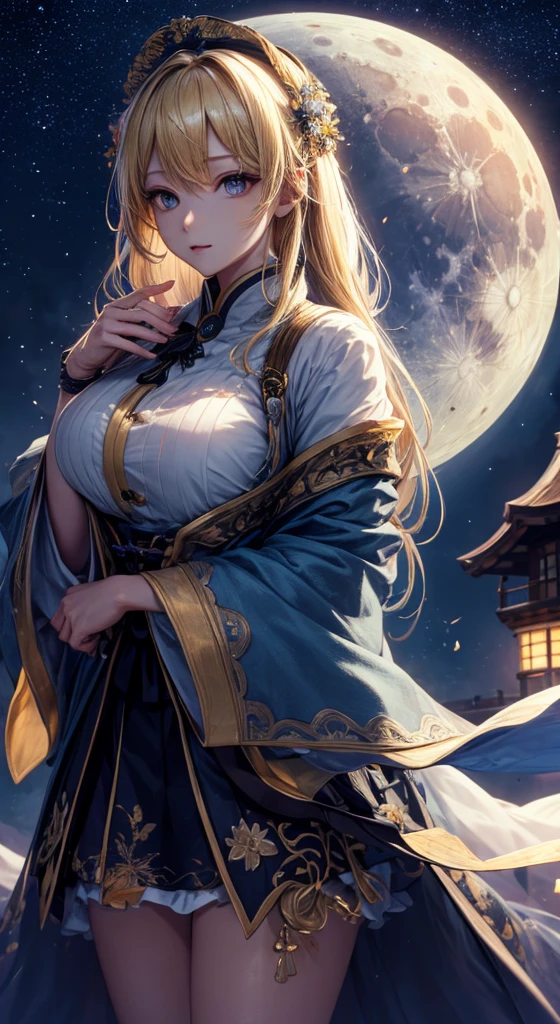 masterpiece, high quality, 4K, Beautiful design, silhouette,blonde, 非常に詳細な夜のStarry Sky,Flower Field, wonderful, Finer details, Very knowledgeable woman, Highly detailed solo, 1 female,Beautiful Eyes,I like rumors,Big Breasts,mini skirt,Night view,Starry Sky,full moon,