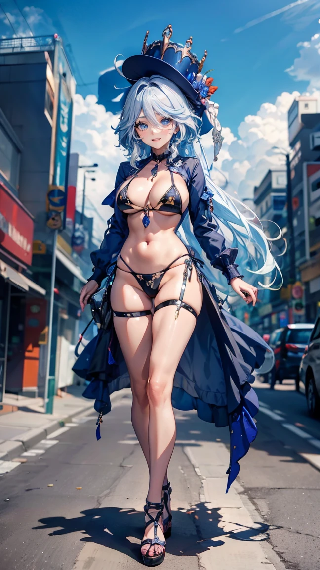 ((masterpiece, high resolution, better quality, better details)), (anime), one woman in a garden standing, ((toothy smile)), ((royal blue micro bikini with black details)), ((thong bikini)), cleavage, platform high heels, black neck choker, large straw hat, white hair with blue highlights, shiny skin, ((slender body)), front view, ((full body)), wide hips, slim waist, massive breasts,