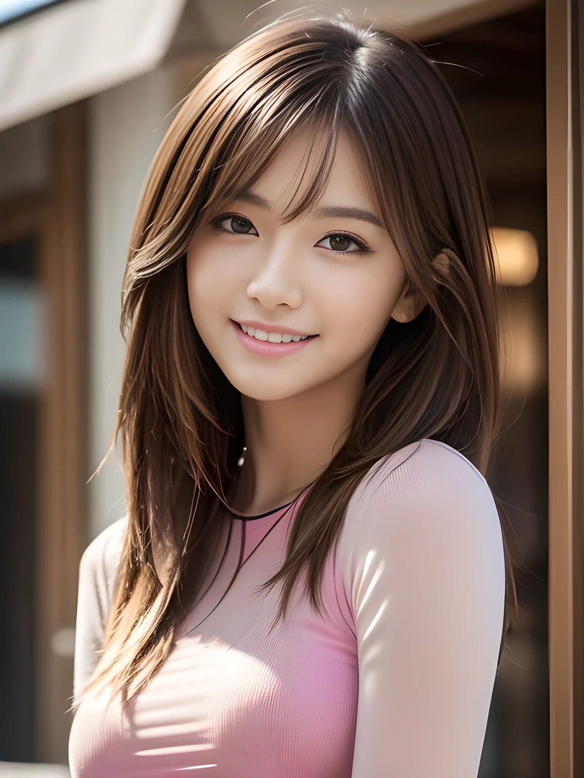 masterpiece, best quality, ultra-detailed, intricately detailed hyperdetailed, realistic, sharp features, highly detailed, sharp focus, (18 years old:1.3), perfect face, perfect symmetrically eyes, perfect full lips, hyper detailed, hyper realistic, high resolution, Fashion Model, Slender, Japanese Idol, brown hair, Stylish, Realistic, Photorealistic:1.3, Beautiful Face, light brown hair, messy hair, Beautiful hairstyle, Neat clothes, (grin), (vivid color tight fitting tops:1.2),