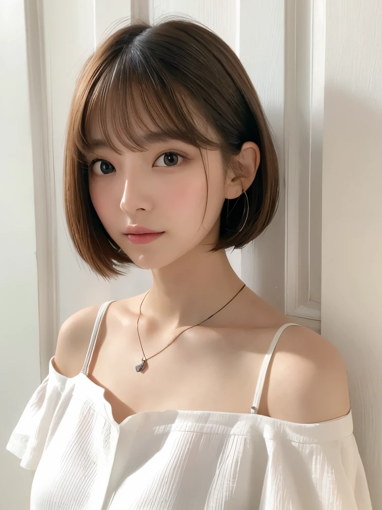 Close-up of a brown-haired woman in a white shirt, Shoulder-length hair, Shoulder - Length hair, Medium length hair, Curtain bang, Medium Hair, with short hair, Princess Cut, Shoulder-length hair, 白Princess Cutの髪型, Korean symmetrical face, short~Medium Hair, Shoulder - Length, Neat hairstyle with bangs、White wall、In front of a white door、((窓のあるWhite wallの部屋))、Mr.々A pose、Simple Necklace、Layered Cut、Don'Don't look at the camera