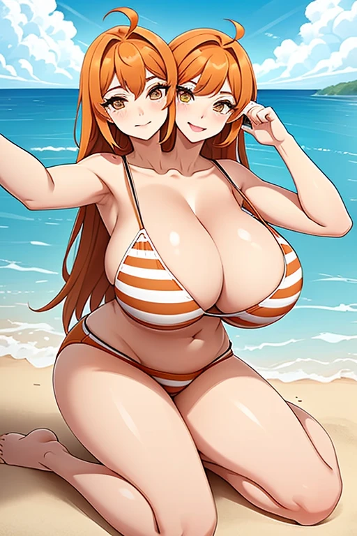 2heads, a short fat woman with 2 heads. She has enormous fat ???????. She is relaxing on the beach. She is wearing a striped ?????? top and jean shorts. She has long orange hair. She has massive fat ???????. She is laying on a beach towel. She is relaxed. She looks mature. She is extremely short. She is very fat. She has gigantic fat ???????. She is laying on her back. She looks happy, seductive expression. She has two legs with thick thighs. She has massive fat ???????. She is wearing eyeliner.