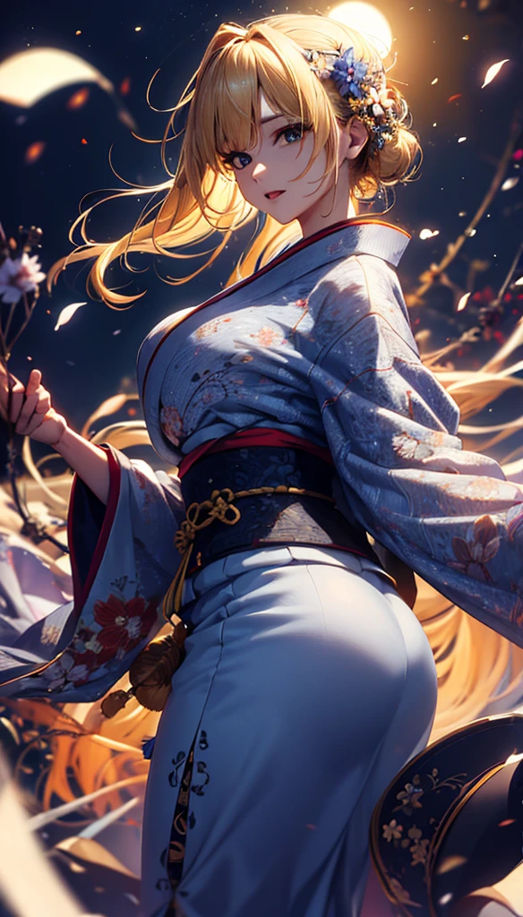 masterpiece, high quality, 4K, Beautiful design, silhouette,blonde, 非常に詳細な夜のStarry Sky,Flower Field, wonderful, Finer details, Very knowledgeable woman, Highly detailed solo, 1 female,Big Breasts,Big Ass,Underwear Line,Yukata in white color,Night view,Starry Sky,full moon,