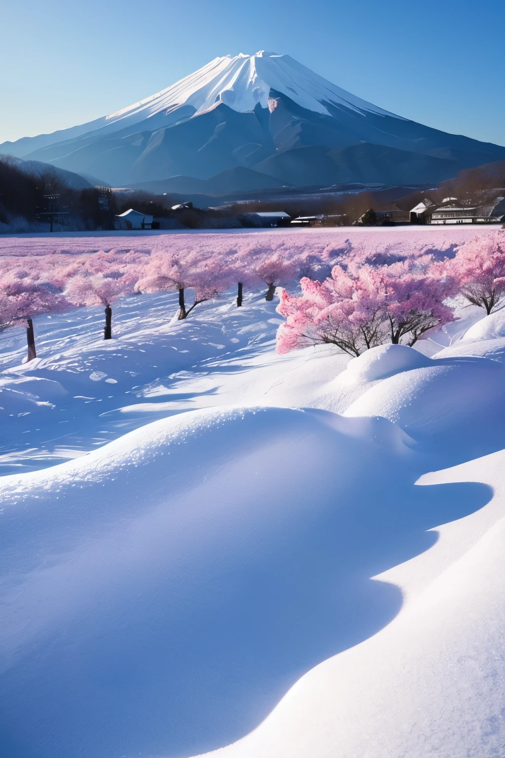 Fuji Mountain、pink、Snow-covered