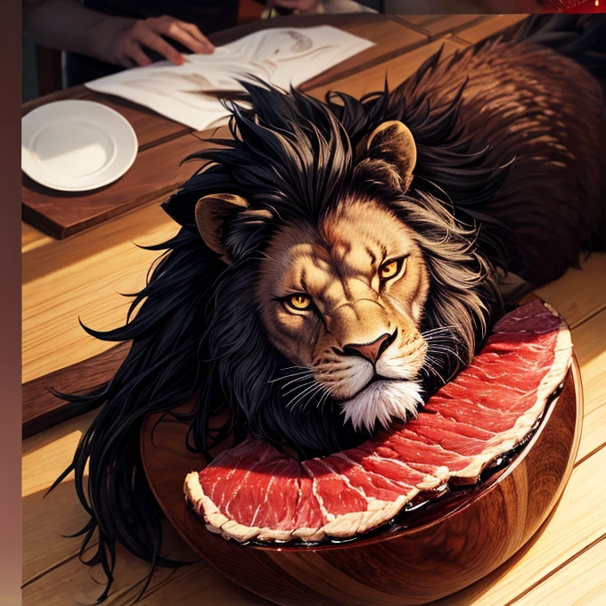 Lion, Black Hair, Red eyes, wing, Very monstrous Powerful Warrior Eat steak wine glass with red wine restaurant dinner