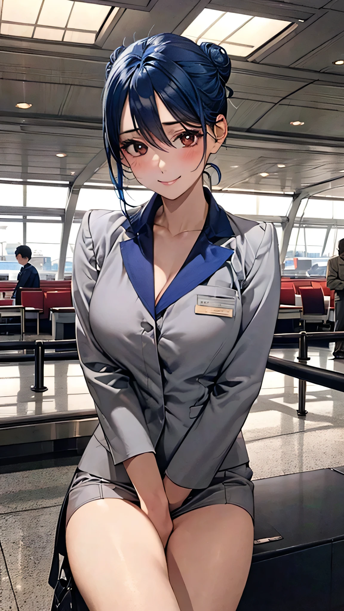 ((highest quality)), ((High resolution)), ((masterpiece)), (detailed), (photograph),
View Viewer, Cowboy Shot, Depth of written boundary, Anatomically correct, Mature Woman, flight attendant, Perfect Face, Cute and symmetrical face, Shiny skin,
(bun hairstyle, Blue Hair), Hair between the eyes, Chestnut brown eyes, Long Eyelashes, (Big Breasts:0.9, Thighs),
Beautiful Hair, Beautiful Face, Beautiful fine details, Beautiful body, Beautiful clavicle, Beautiful breasts, Beautiful thighs, Beautiful feet,
(Sexy Uniform),
(Beautiful views), airport, Lounge Staff, (Cute smile, Upward glance),