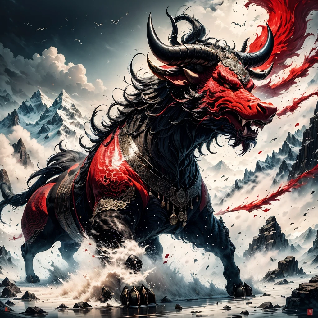 Kamada,((Masterpiece)),Best quality, ((illustration)),Original,extremelydetailedwallpaper,
((Fabulous ferocious animal)),{{anthro bull}},{{ Long horns}},(Red and black color),(Four feet:1.5)，(Solo),Mountain,Big and strong,The demons,tyrannical,No Man